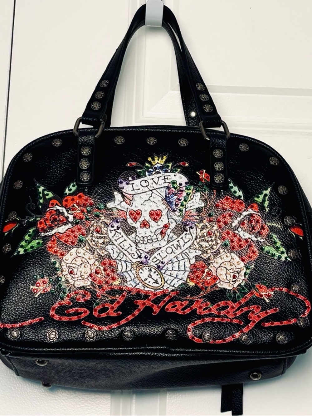 Ed Hardy Black Skull Rose Crystal Embellished Bowler-Style Satchel Handbag